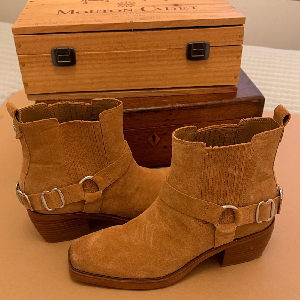 Sam Edelman Tan Suede Ankle Boots with Harness Detail